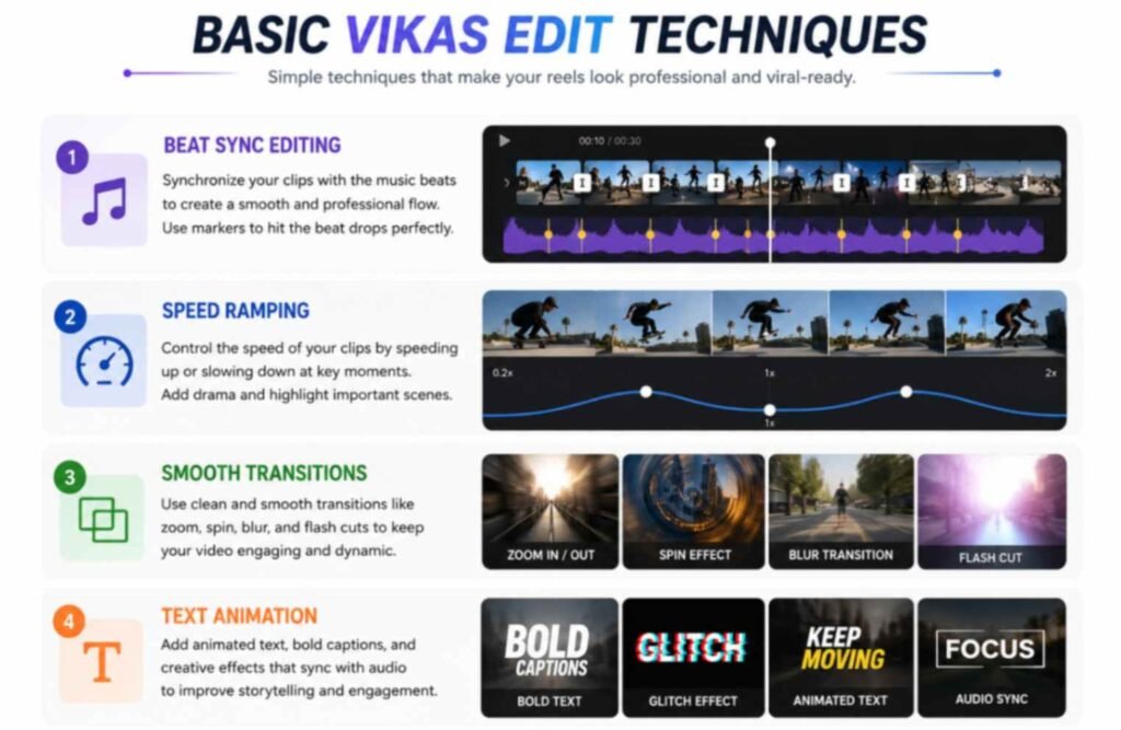 Infographic showing beat sync editing, speed ramping, smooth transitions, and text animation techniques used in Vikas Edit video editing