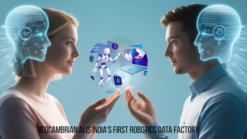 Neocambrian AI concept image showcasing humanoid robots, AI training systems, and futuristic automation technology