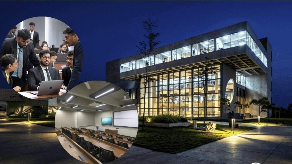 erial view of Woxsen University campus featuring modern academic buildings and green landscape in Hyderabad.