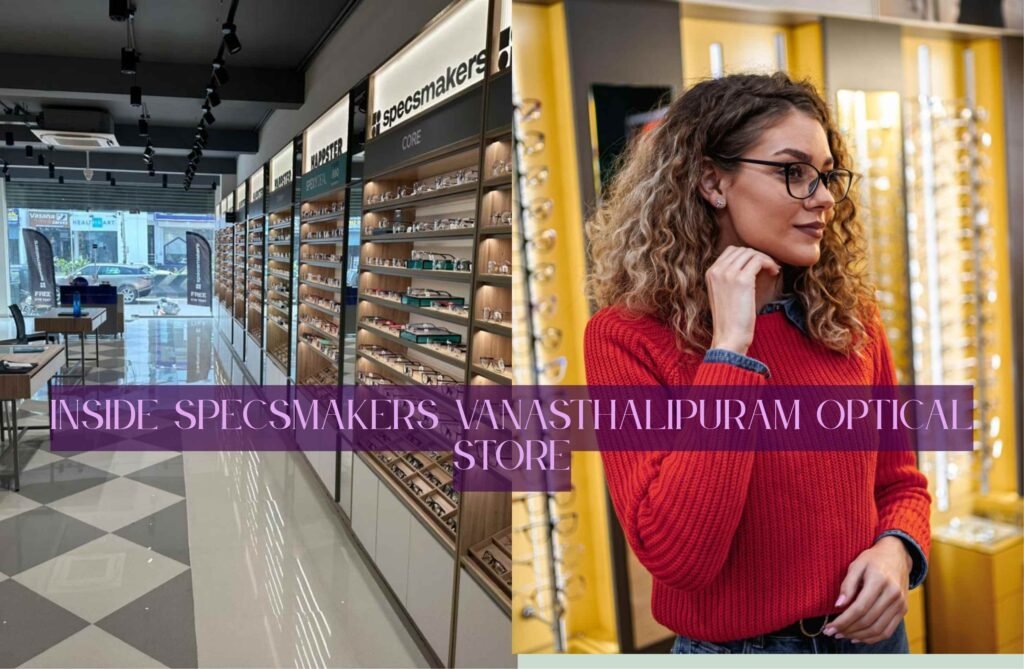Interior view of a modern Specsmakers Vanasthalipuram optical showroom with eyewear displays.